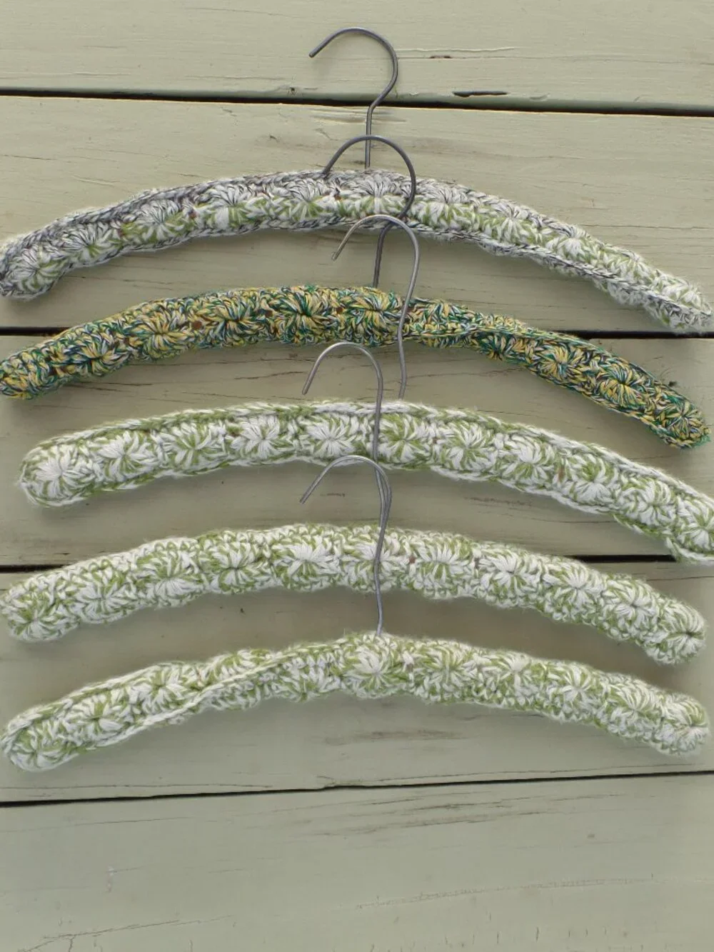 Vintage Hand Crocheted Hangers SET of 5 GREENS